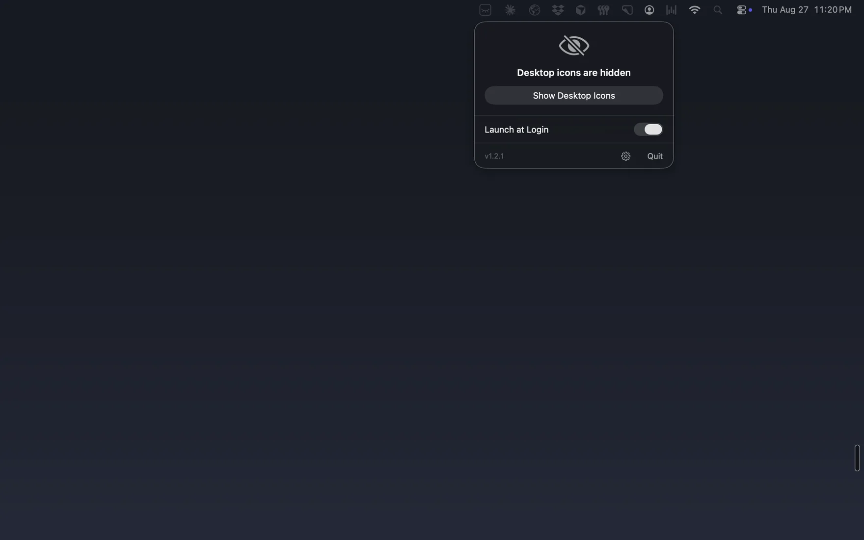 The same desktop after one click: every icon gone, the wallpaper clean, the menu now reading that desktop icons are hidden.
