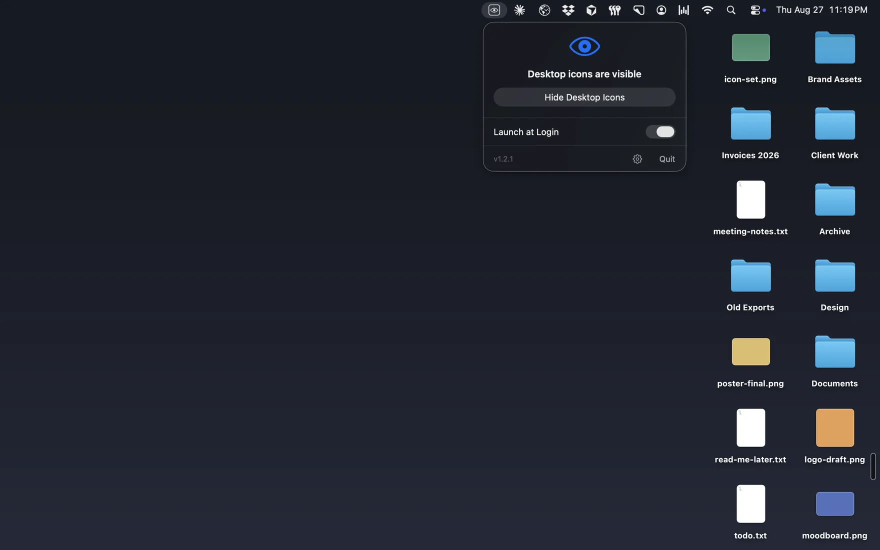 A cluttered real macOS desktop: columns of files and folders scattered across the wallpaper, with the My Clean Desk menu open in the menu bar reading that desktop icons are visible.